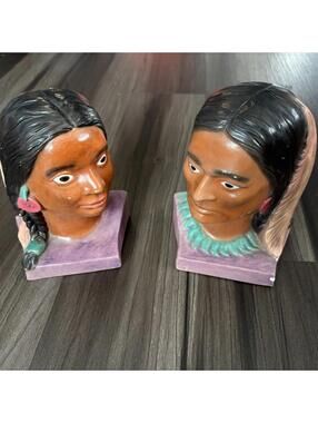 Vintage Native American Indian Ceramic Bookends 1986 Hand Painted